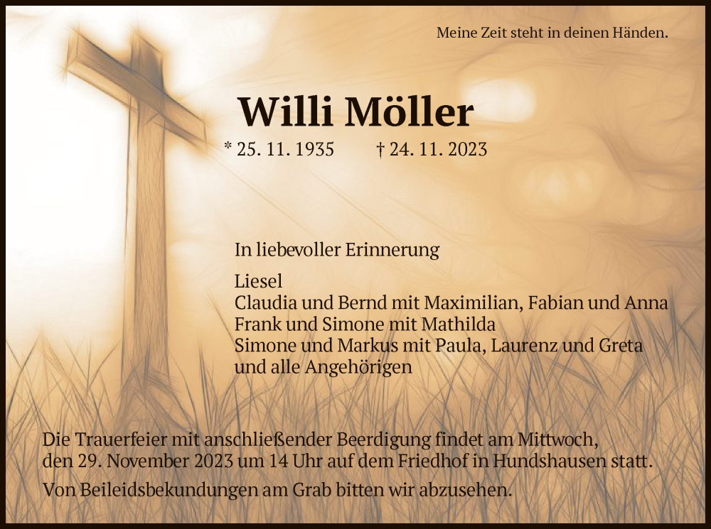  Traueranzeige für Willi Möller vom 28.11.2023 aus HNA
