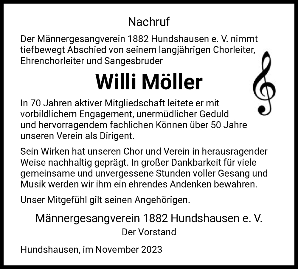  Traueranzeige für Willi Möller vom 28.11.2023 aus HNA