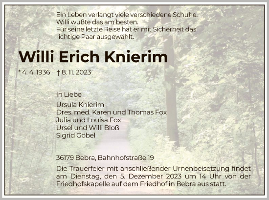 Traueranzeige von Willi Erich Knierim von HNAHNA