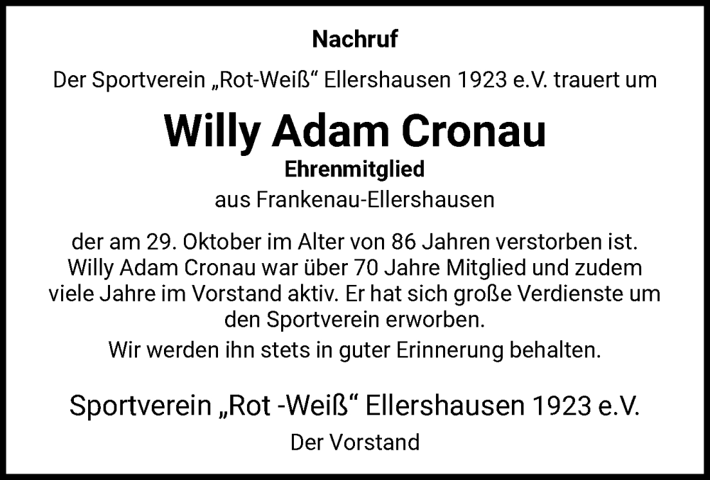  Traueranzeige für Willy Adam Cronau vom 02.11.2023 aus HNA