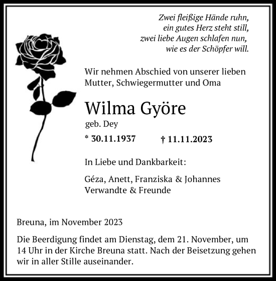 Traueranzeige von Wilma Györe von HNA