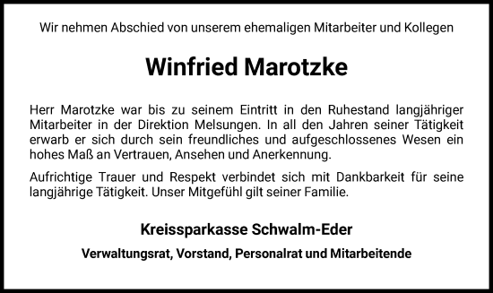 Traueranzeige von Winfried Marotzke von HNA