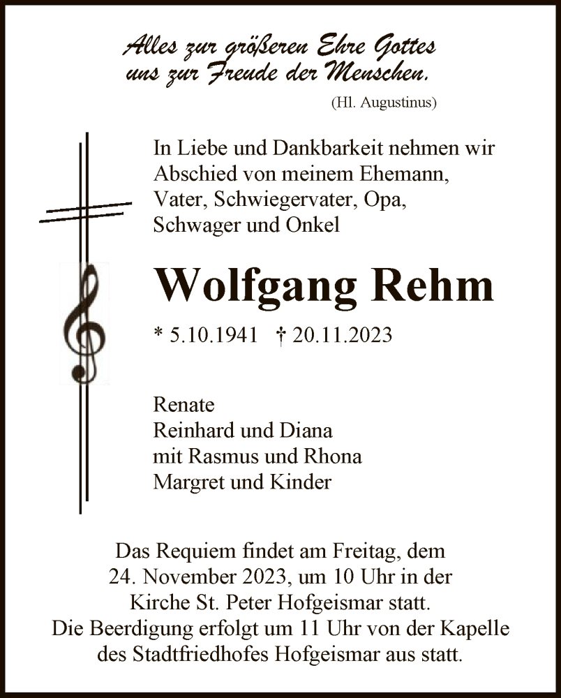  Traueranzeige für Wolfgang Rehm vom 23.11.2023 aus HNA