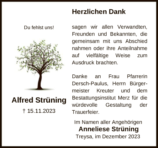 Traueranzeige von Alfred Strüning von HNA