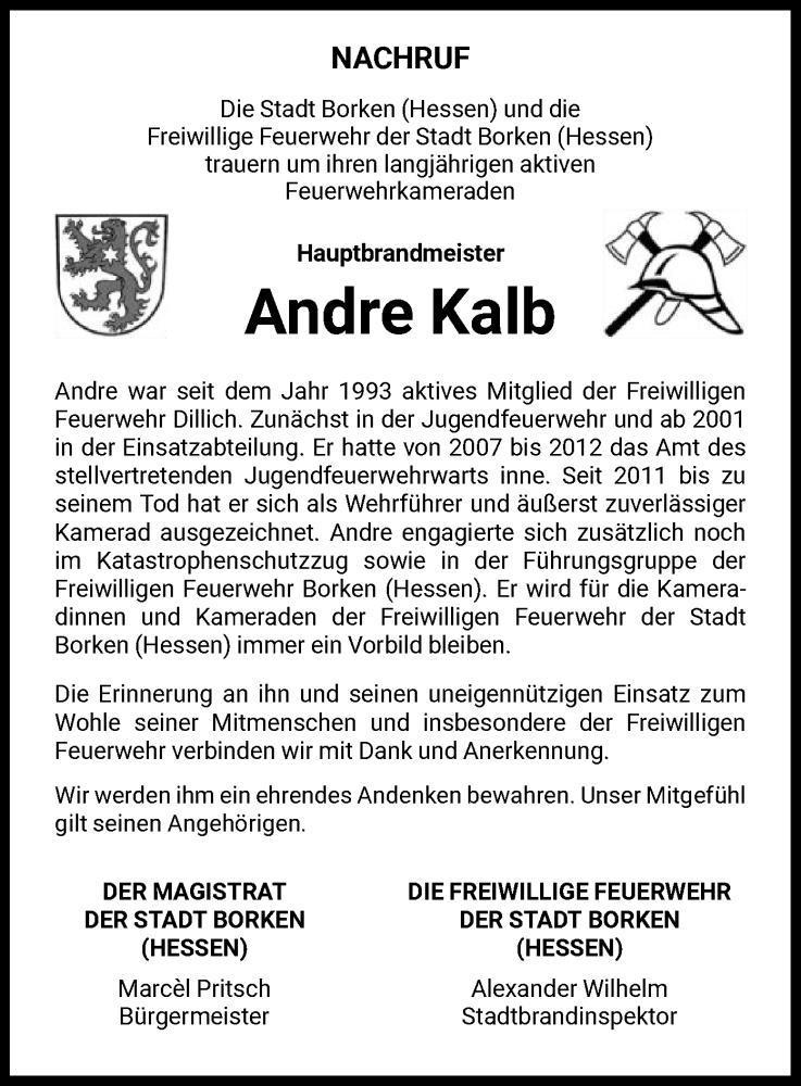  Traueranzeige für Andre Kalb vom 09.12.2023 aus HNA