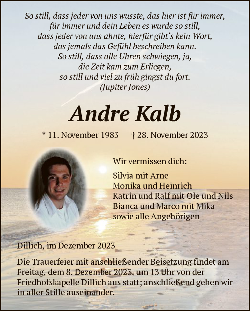  Traueranzeige für Andre Kalb vom 02.12.2023 aus HNAHNA