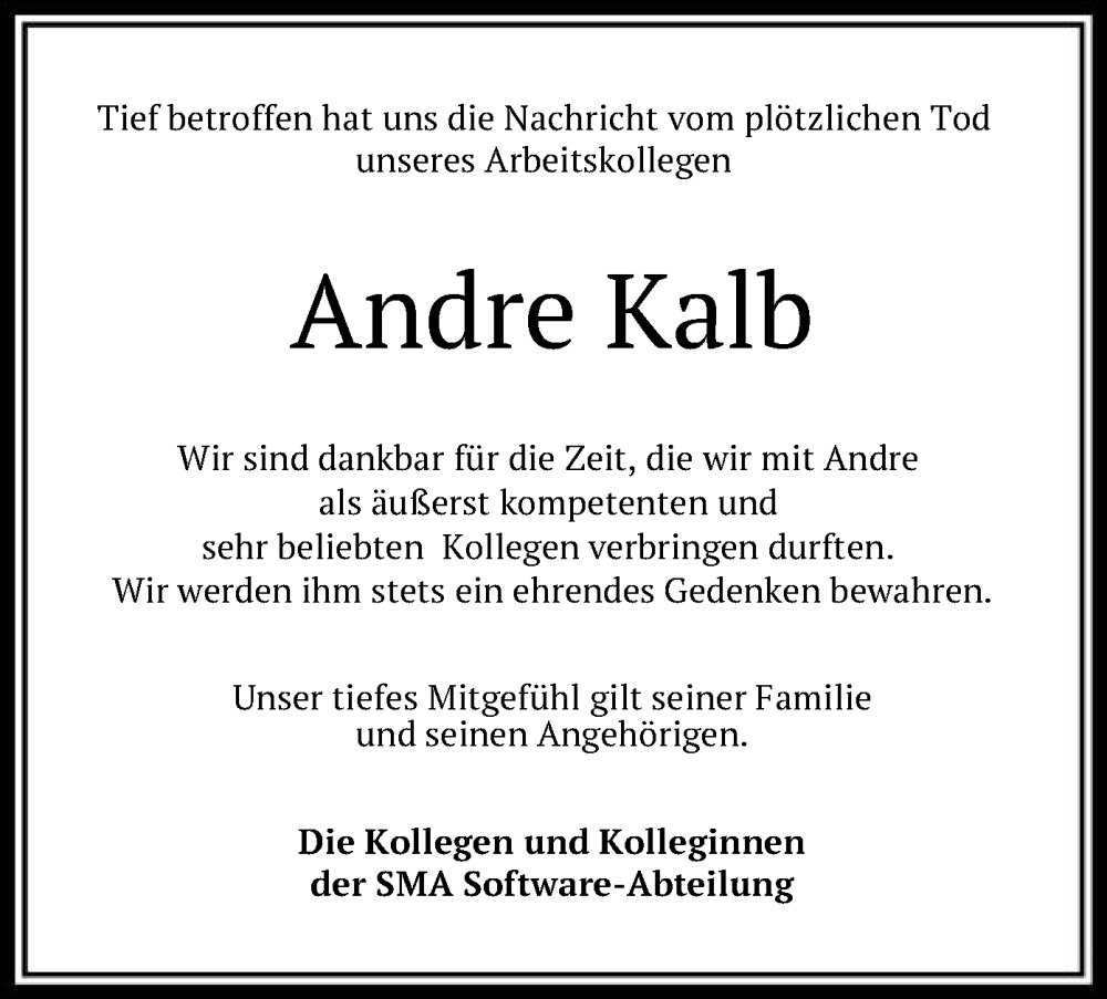  Traueranzeige für Andre Kalb vom 08.12.2023 aus HNA