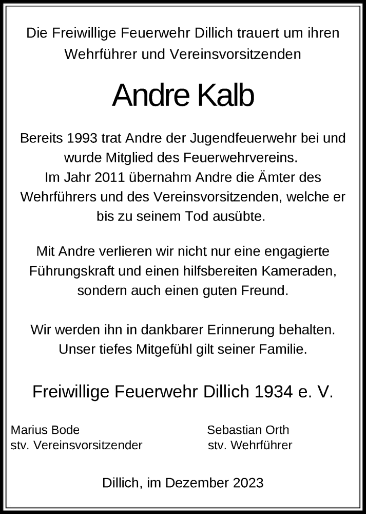  Traueranzeige für Andre Kalb vom 08.12.2023 aus HNAHNA