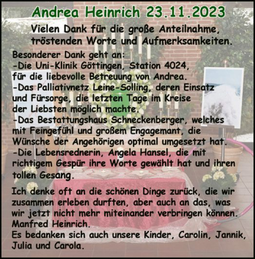  Traueranzeige für Andrea Heinrich vom 16.12.2023 aus HNA