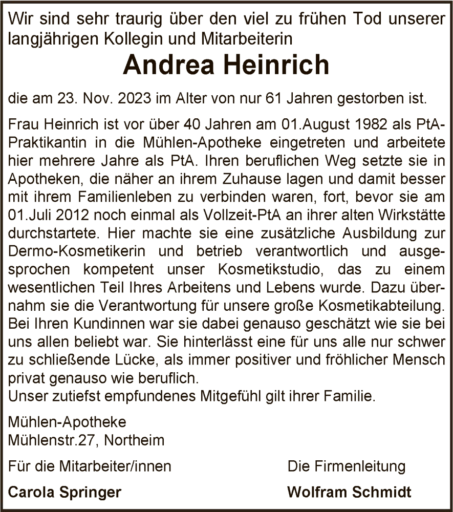  Traueranzeige für Andrea Heinrich vom 02.12.2023 aus HNA