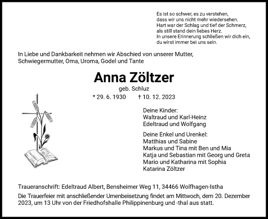 Traueranzeige von Anna Zöltzer von HNA