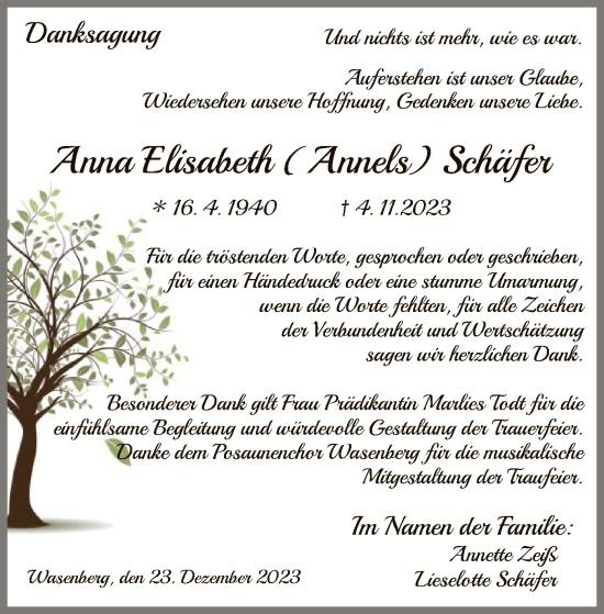 Traueranzeige von Anna Elisabeth  Schäfer von HNA