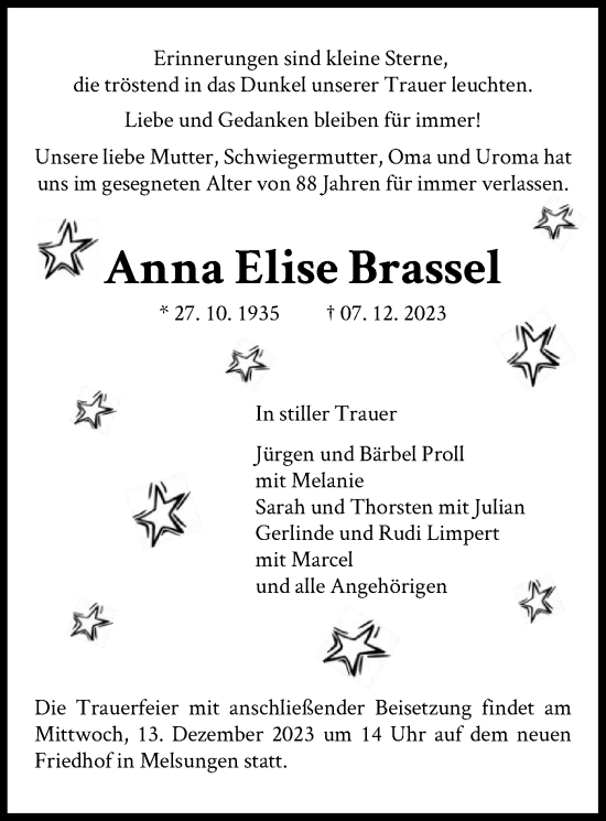 Traueranzeige von Anna Elise Brassel von HNAHNA