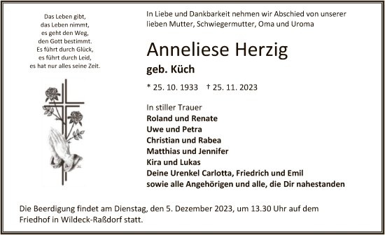 Traueranzeige von Anneliese Herzig von HNA