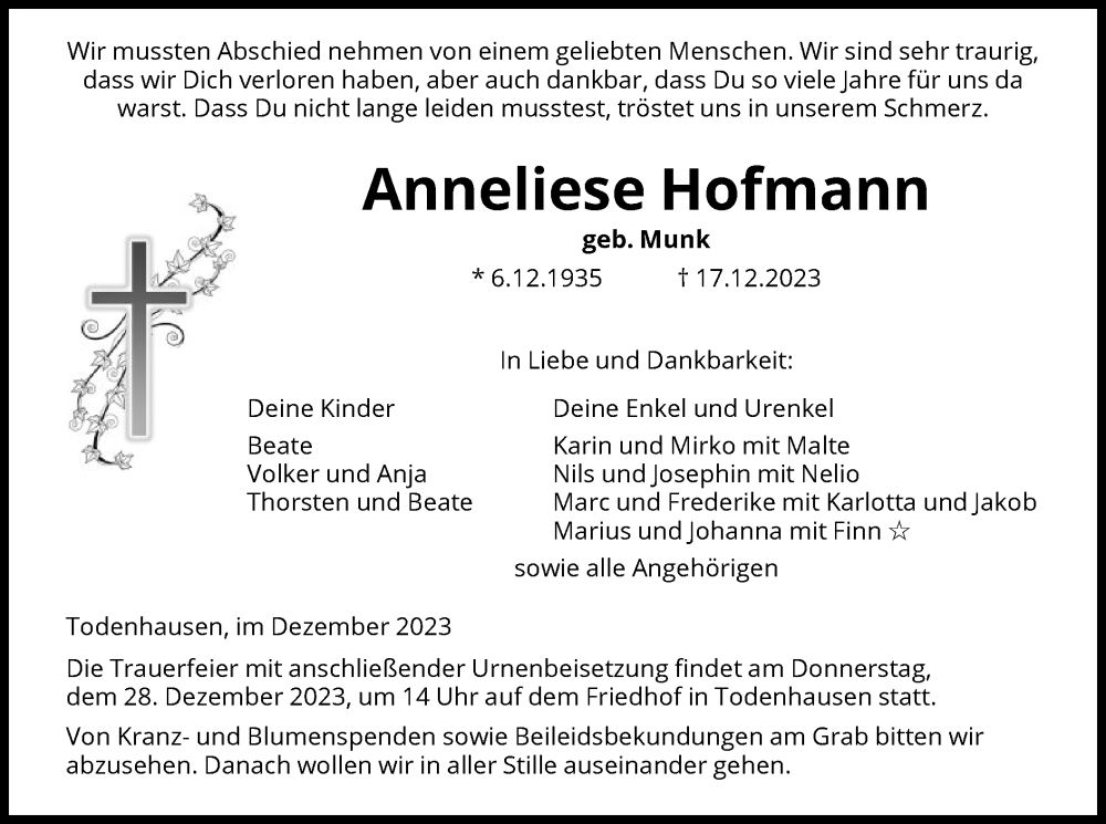  Traueranzeige für Anneliese Hofmann vom 21.12.2023 aus HNA