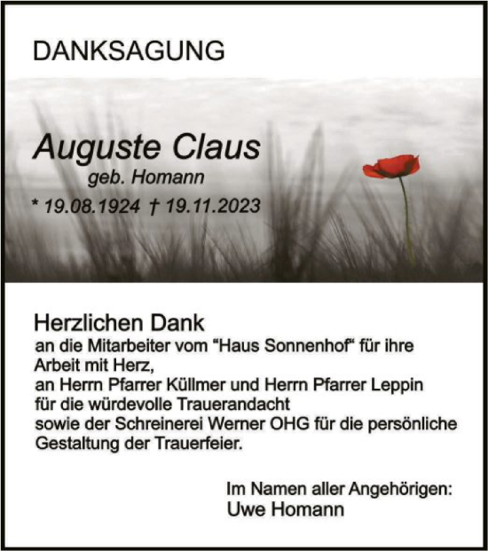 Traueranzeige von Auguste Claus von HNA
