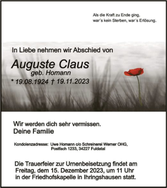 Traueranzeige von Auguste Claus von HNA