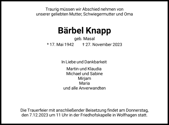 Traueranzeige von Bärbel Knapp von HNA