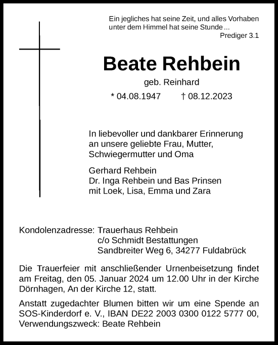 Traueranzeige von Beate Rehbein von HNA