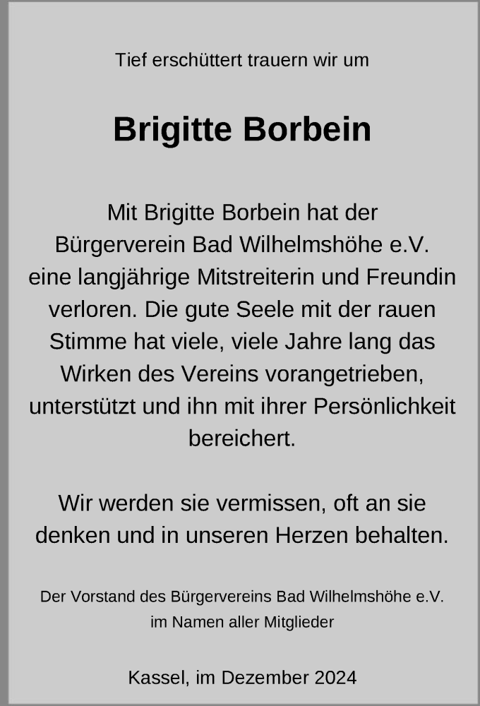  Traueranzeige für Brigitte Borbein vom 30.12.2023 aus HNA