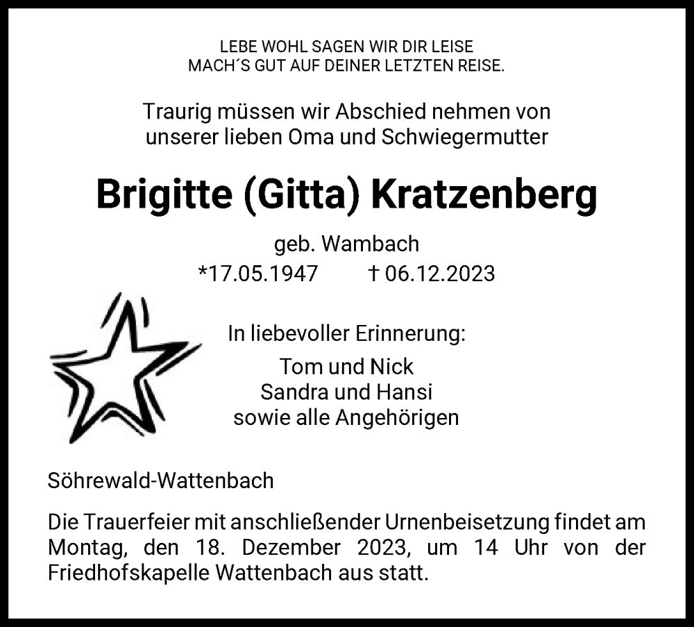 Traueranzeigen Von Brigitte Kratzenberg | Trauer.HNA.de