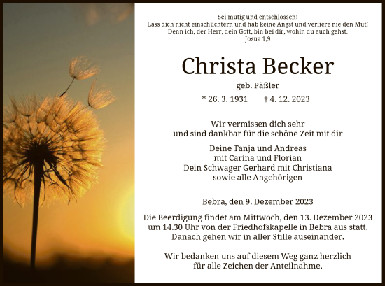 Traueranzeige von Christa Becker von HNA