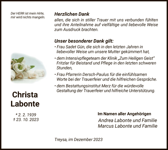 Traueranzeige von Christa Labonte von HNAHNA