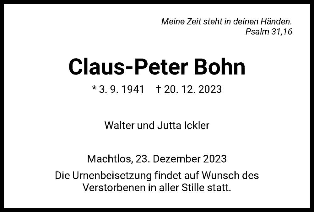 Traueranzeigen Von Claus-Peter Bohn | Trauer.HNA.de