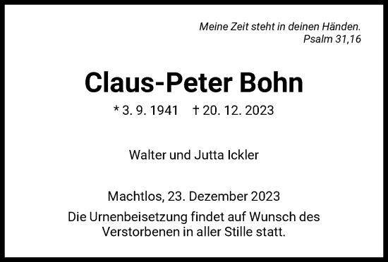 Traueranzeige von Claus-Peter Bohn von HNA