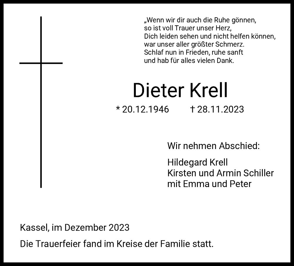  Traueranzeige für Dieter Krell vom 16.12.2023 aus HNA
