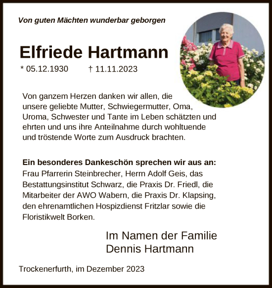 Traueranzeige von Elfriede Hartmann von HNA