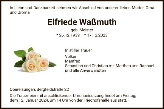Traueranzeige von Elfriede Waßmuth von HNA