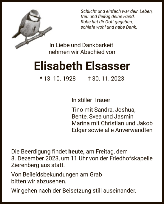 Traueranzeige von Elisabeth Elsasser von HNA