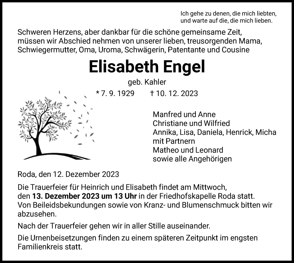  Traueranzeige für Elisabeth Engel vom 12.12.2023 aus HNA