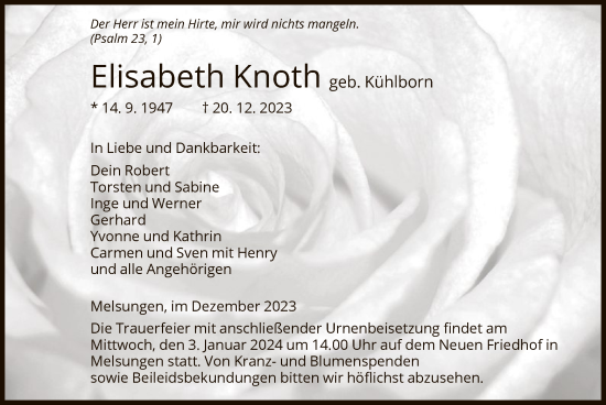 Traueranzeige von Elisabeth Knoth von HNA