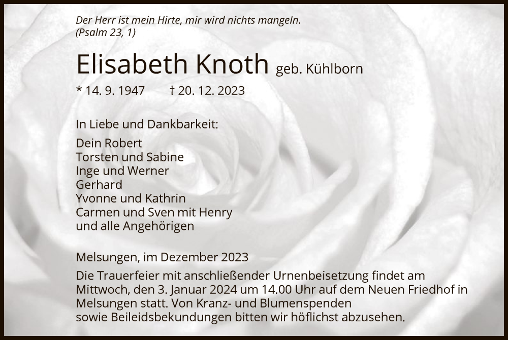  Traueranzeige für Elisabeth Knoth vom 30.12.2023 aus HNA