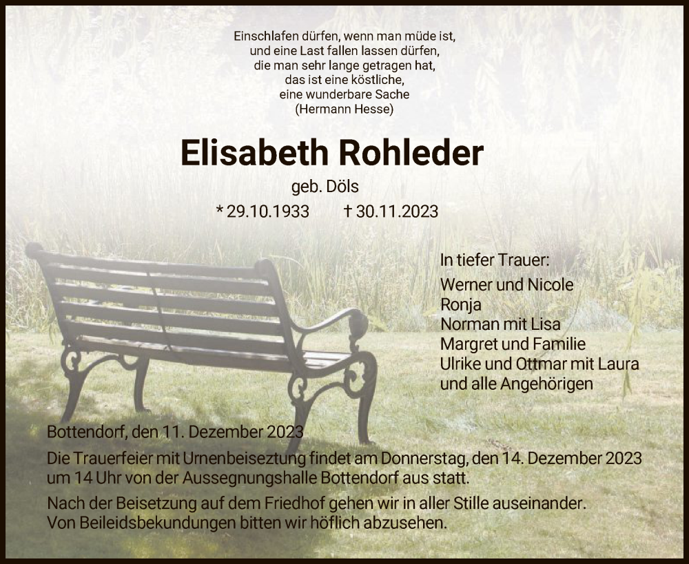  Traueranzeige für Elisabeth Rohleder vom 11.12.2023 aus HNA