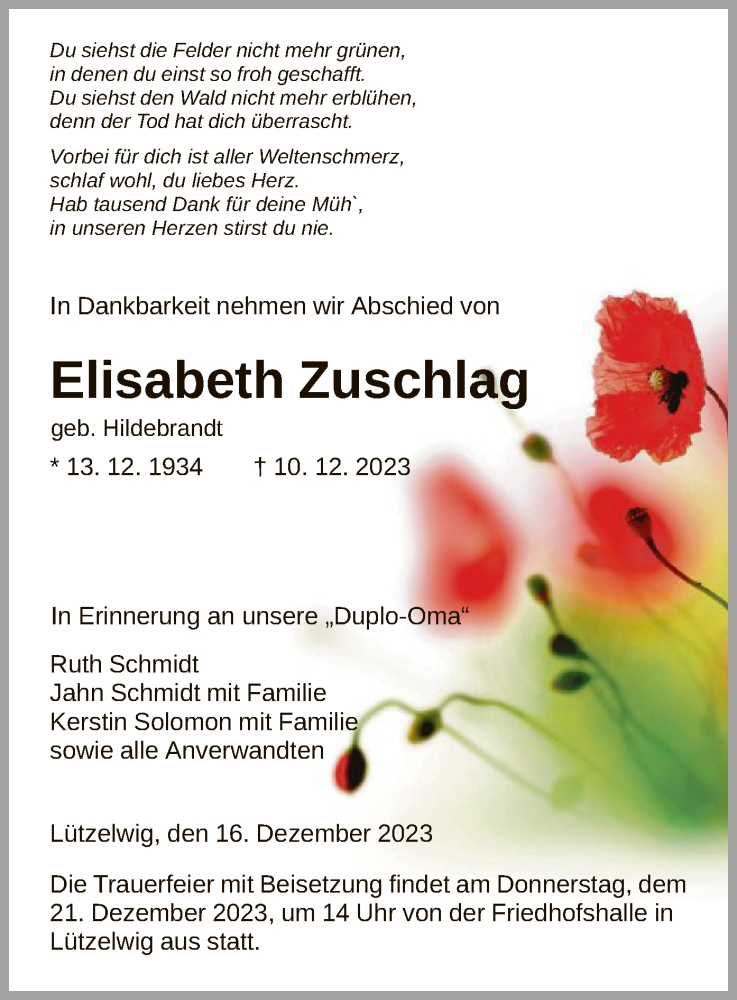  Traueranzeige für Elisabeth Zuschlag vom 16.12.2023 aus HNAHNA