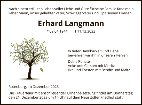 Traueranzeige von Erhard Langmann von HNA
