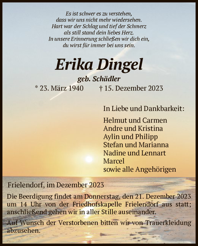  Traueranzeige für Erika Dingel vom 19.12.2023 aus HNA