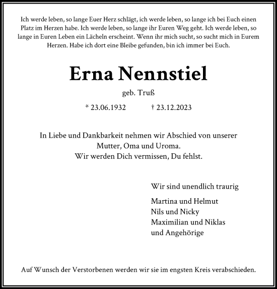 Traueranzeige von Erna Nennstiel von HNA