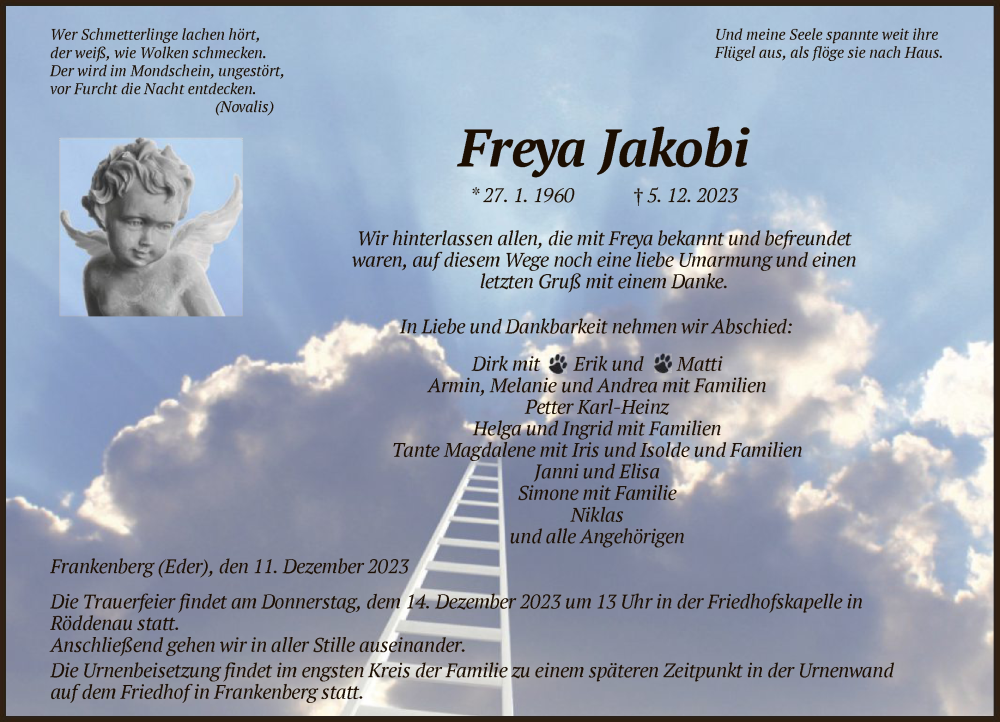 Traueranzeige für Freya Jakobi vom 11.12.2023 aus HNA