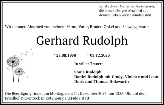 Traueranzeige von Gerhard Rudolph von HNAHNA