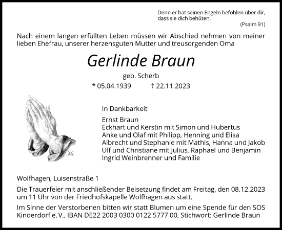 Traueranzeige von Gerlinde Braun von HNA