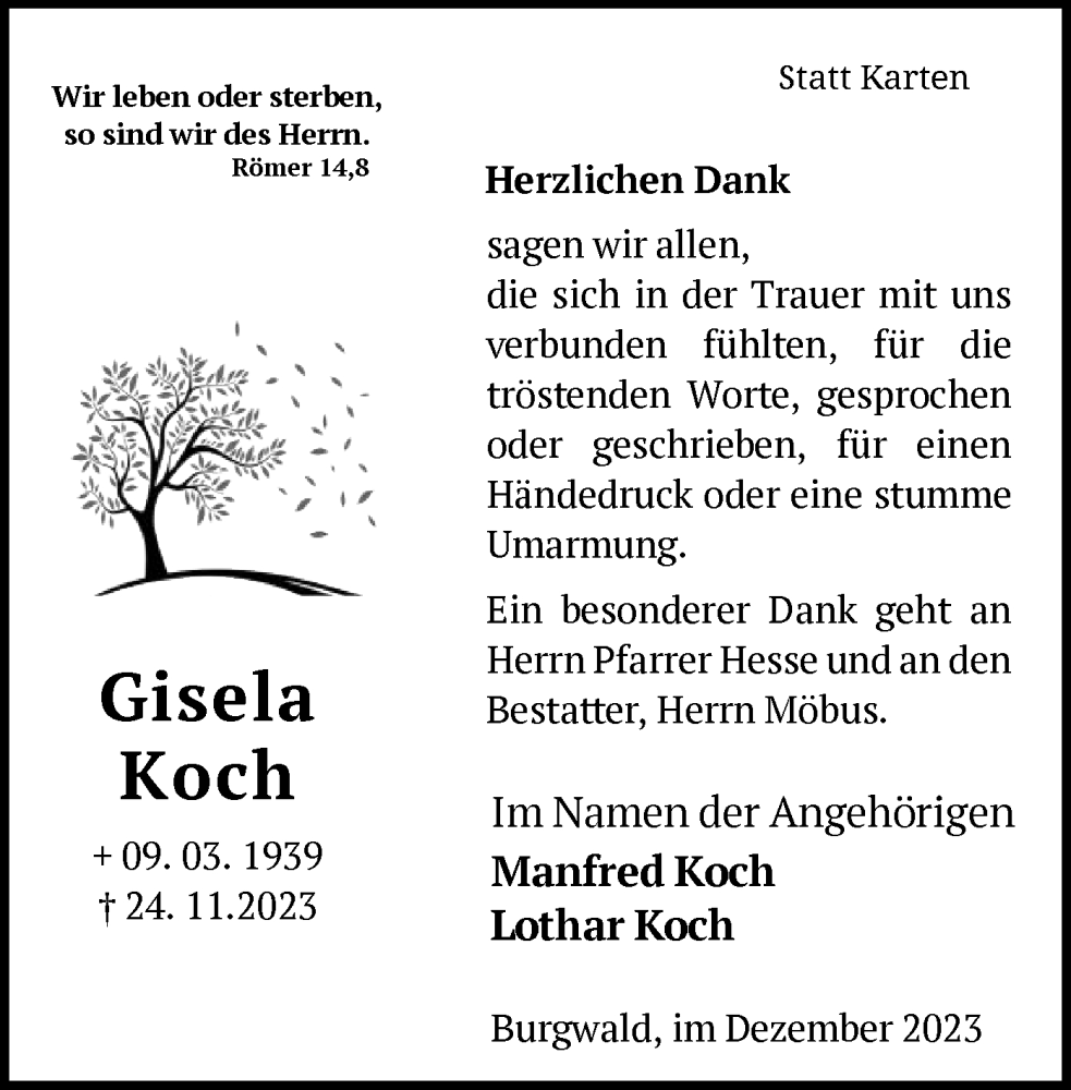  Traueranzeige für Gisela Koch vom 20.12.2023 aus HNA