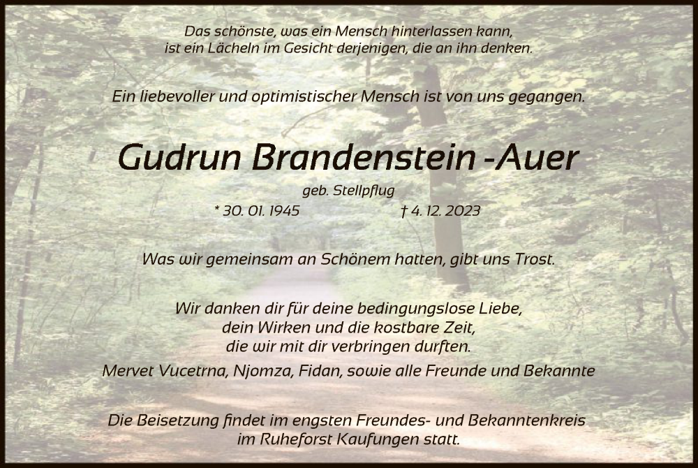 Traueranzeige für Gudrun Brandenstein-Auer vom 09.12.2023 aus HNA