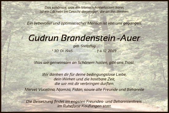 Traueranzeige von Gudrun Brandenstein-Auer von HNA