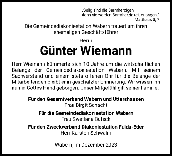 Traueranzeige von Günter Wiemann von HNA