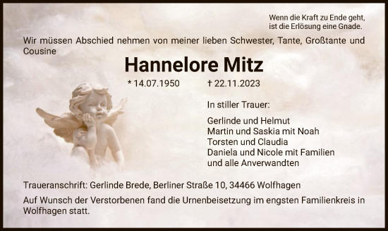 Traueranzeige von Hannelore Mitz von HNA