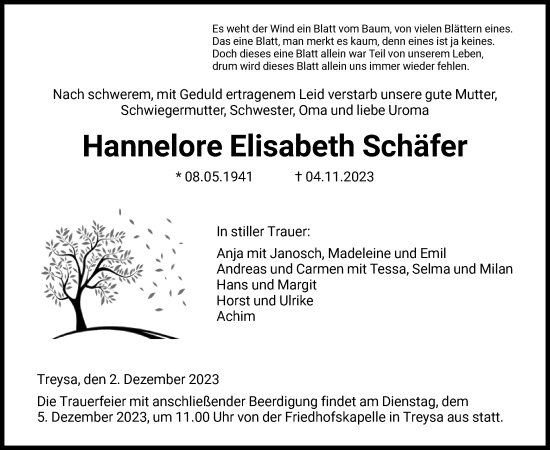 Traueranzeige von Hannelore Elisabeth Schäfer von HNA